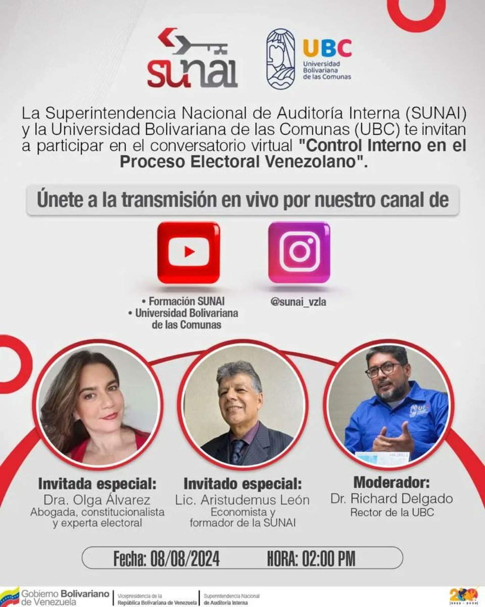 La UBC y <a href="/SUNAI_VZLA/">SUNAI</a> te invitan al foro "Control Interno en el proceso Electoral Venezolano"
Mañana #8Ago 02:00 p.m
Ingresa por los canales de YouTube: Universidad Bolivariana de las Comunas y Formación SUNAI, También por IG a través de <a href="/sunai_vzla/">SUNAI</a> 

#participa
<a href="/NicolasMaduro/">Nicolás Maduro</a>