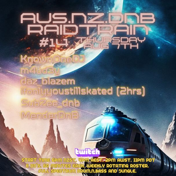 daz_bLazem's tweet photo. Tonight! Lock into the AUS/NZ DNB RAIDTRAIN #14 on https://t.co/5tXpNP3Wuv - each week the lineup brings a full spectrum DNB selection. Kick off is 6pm NZT and we roll till late. Get onboard with @KnownOneDJ - https://t.co/5oxKyFTHU6 or check the link in my bio! https://t.co/uN0rZl4lTw