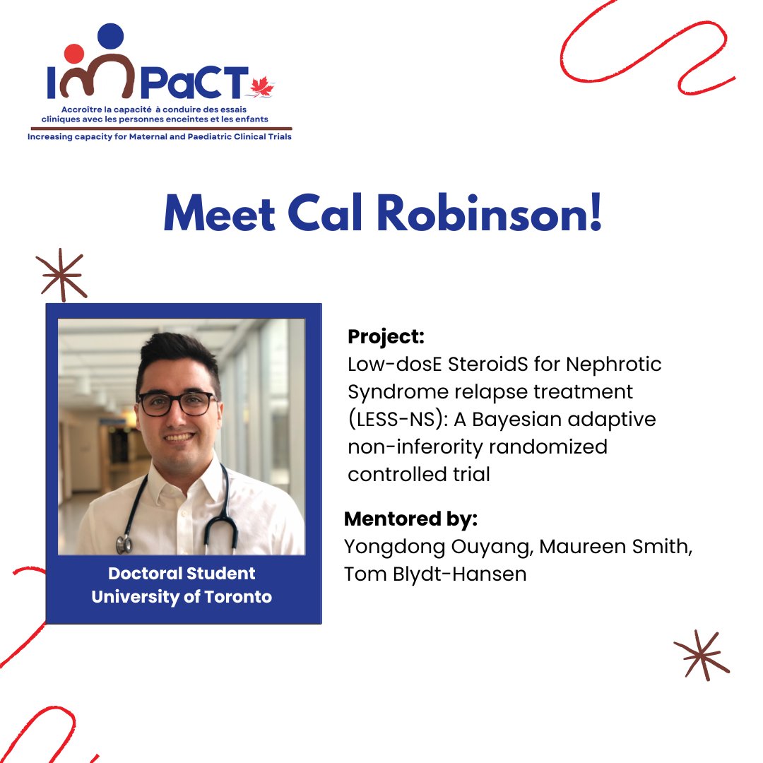 IMPaCT (@impactrials) on Twitter photo Meet IMPaCT Fellow <a href="/KidneyCal/">Cal Robinson</a> ! Through his research, Cal aspires to advance the evidence-based treatment of pediatric kidney diseases, prevent adverse long-term outcomes, and minimize disease burden.
Learn more about Cal’s project here:
impactrials.ca/cal-robinson Meet IMPaCT Fellow <a href="/KidneyCal/">Cal Robinson</a> ! Through his research, Cal aspires to advance the evidence-based treatment of pediatric kidney diseases, prevent adverse long-term outcomes, and minimize disease burden.
Learn more about Cal’s project here:
impactrials.ca/cal-robinson