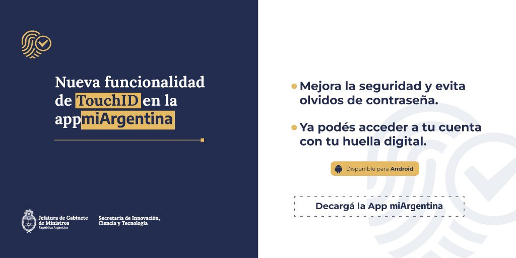 Jefatura_Ar's tweet photo. Desde @innovacionar, simplificamos el ingreso a la app Mi Argentina: ahora podés usar tu huella digital para desbloquear la app y acceder a tu cuenta. 

Esta nueva funcionalidad mejora la seguridad y la experiencia de usuario. https://t.co/04tyHn7goS