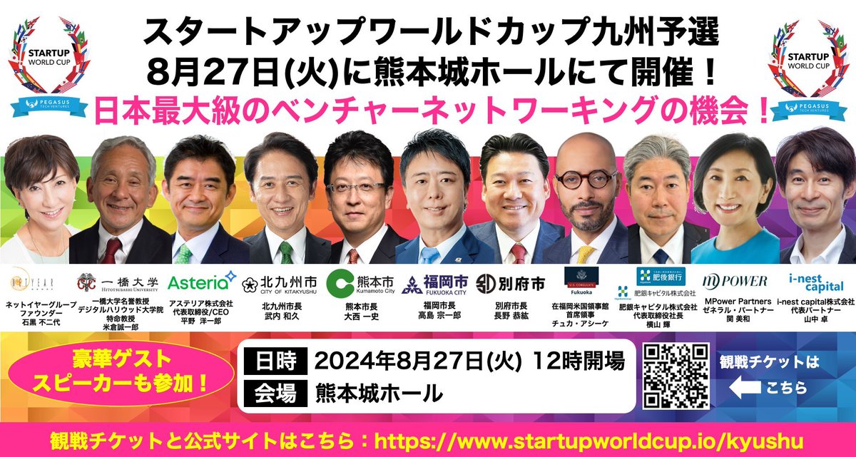 スタートアップワールドカップ九州予選：8月27日に熊本城ホールで開催！日本最大級のベンチャーネットワーキングの機会！観戦チケットお申込先：swc2024-kyushu.peatix.com