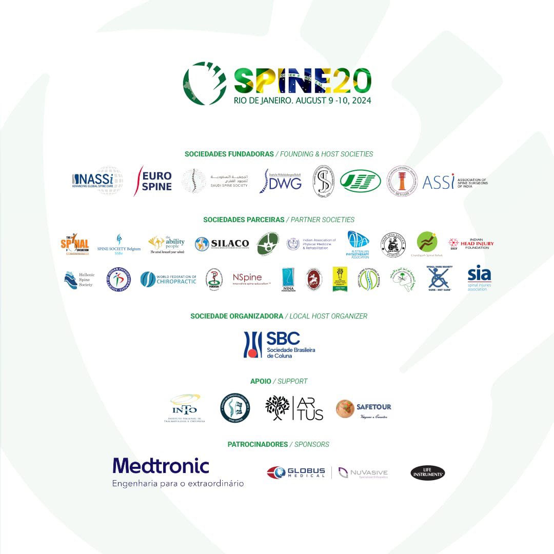 #SPINE20 5th Annual Summit

Seven symposia over the course of two days, featuring a comprehensive program developed by internationally represented multidisciplinary #spine experts.

🗓: 9-10 August
Program; spine20.net/event/scientif…

#Brasil 
<a href="/EUROSPINESoc/">EUROSPINE</a> 
<a href="/NASSspine/">NASS</a> 
<a href="/SaudiSpine/">الجمعية السعودية للعمود الفقري</a>