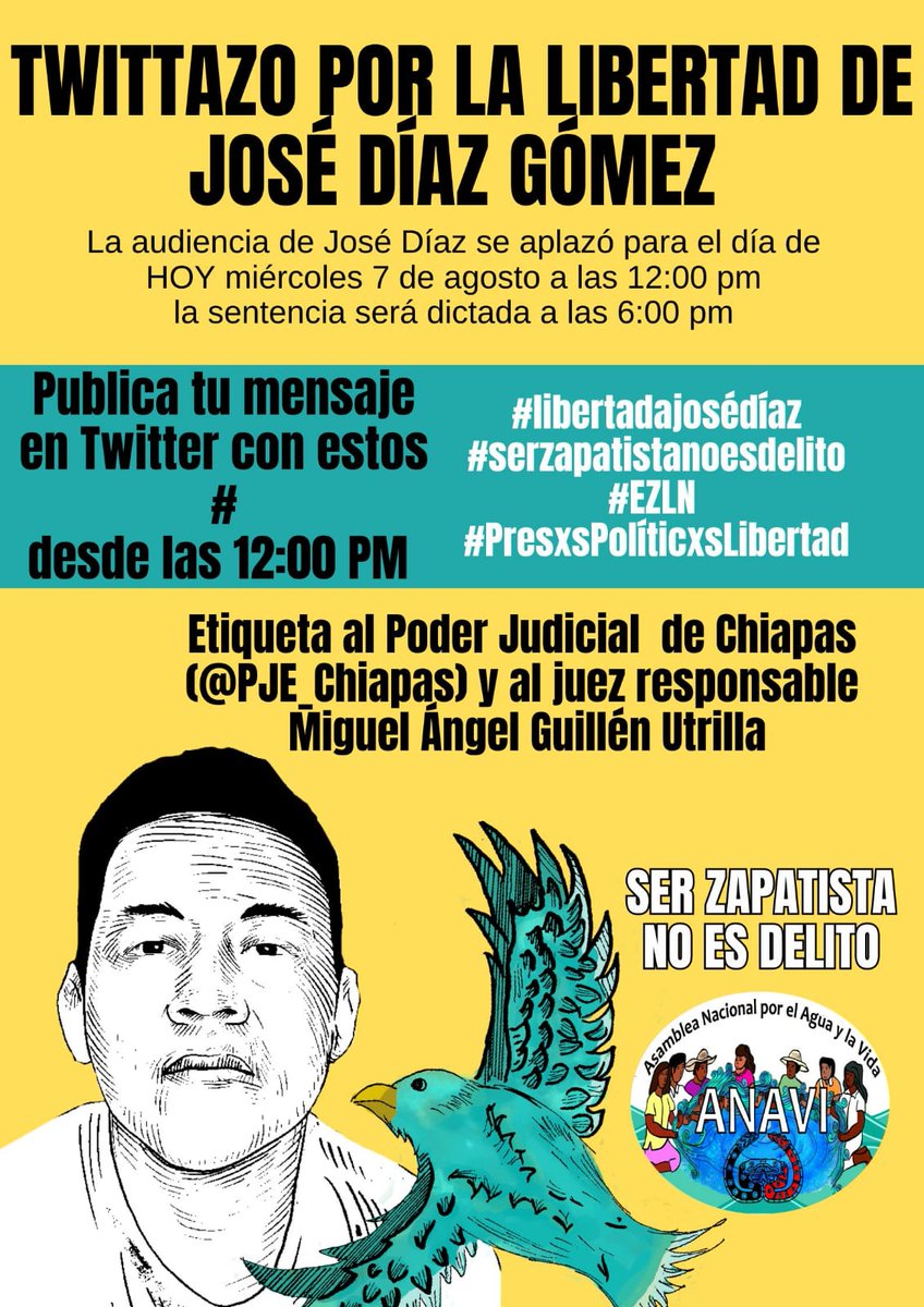 TWITTAZO POR LA LIBERTAD DE JOSÉ DÍAZ GÓMEZ base de apoyo zapatista secuestrado por el Estado mexicano desde hace un año 9 meses. 
¡Exigimos su libertad inmediata y sin condiciones!
#libertadajosédíaz
#serzapatistanoesdelito
#EZLN
#PresxsPolíticxsLibertad
<a href="/PJE_Chiapas/">Poder Judicial Chiapas</a>