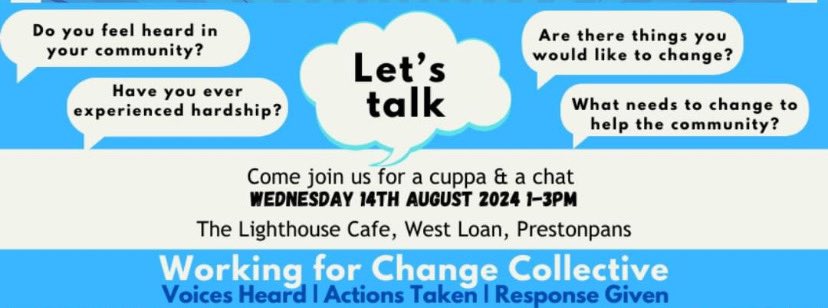 Join us on Wednesday 14th August (1-3pm) at the Lighthouse Cafe for our conversation cafe.

Our aim is to have our voices heard, acted upon and responded to and we can only do this with your help. 
So come along to chat and some free refreshments with others.