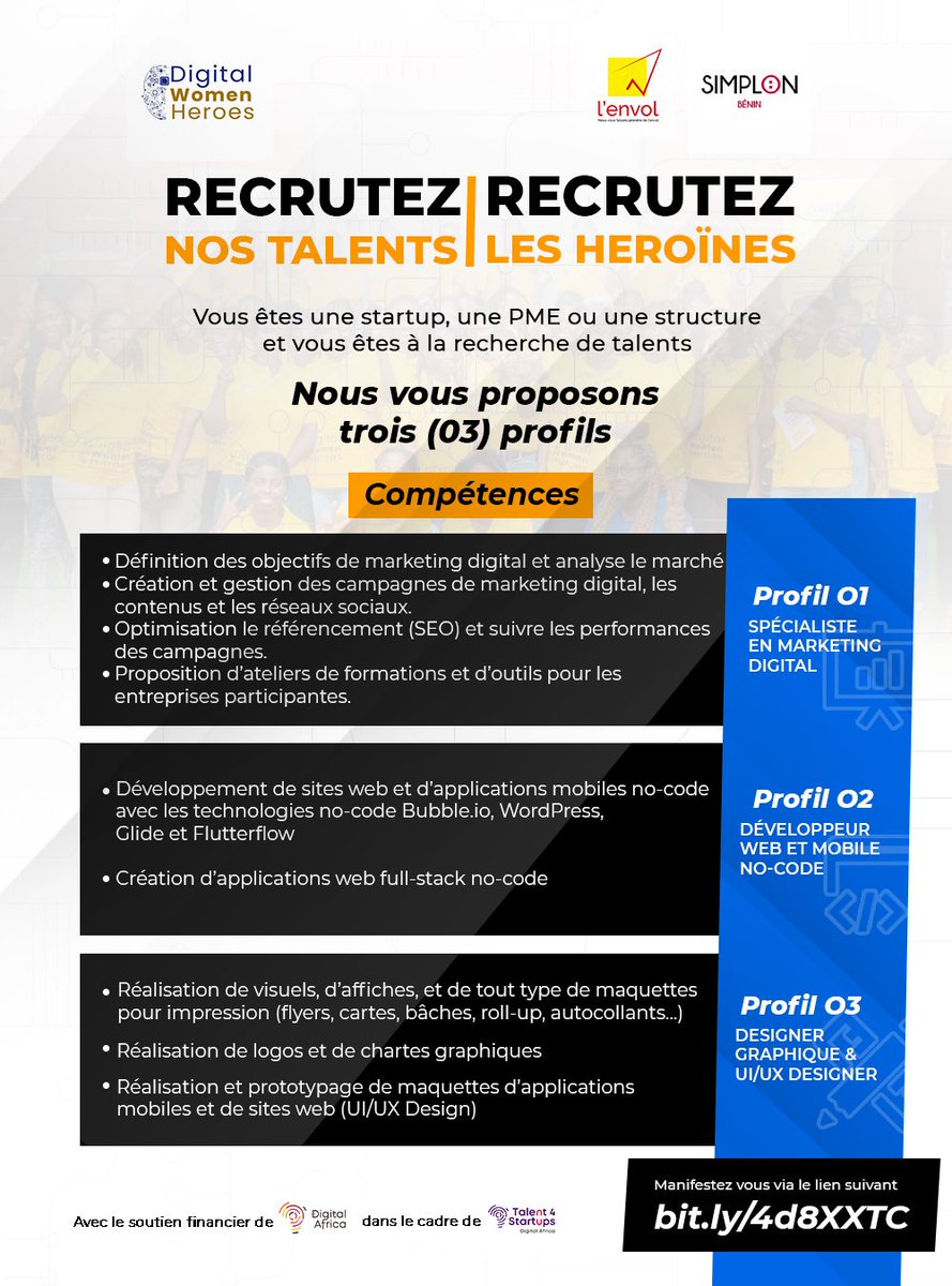Des talents pour vos STARTUPS &amp; ENTREPRISES !

Vous êtes une startup, une entreprise ou une structure à la recherche de jeunes talents pour des stages ou emploi permanent ?  

Remplissez le formulaire via : bit.ly/4d8XXTC