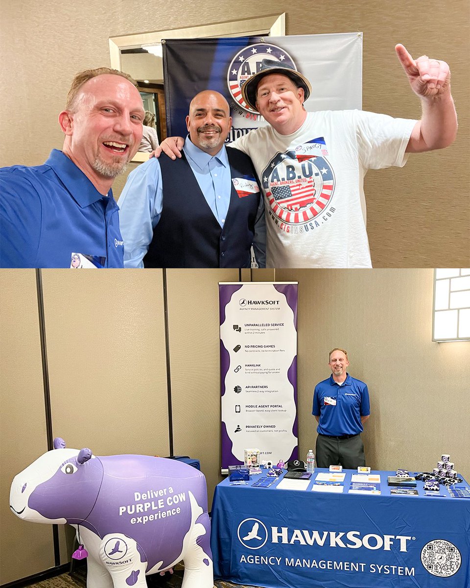 HawkSoft's tweet photo. Our sales team is excited to attend a handful of conventions this August, ending with a stop in California for the Agents Brokers United Mini-vention.

Last year, we had a great time connecting with agents and speaking with the ABU leadership. 🟣 🐮 https://t.co/doif0Ufb7q