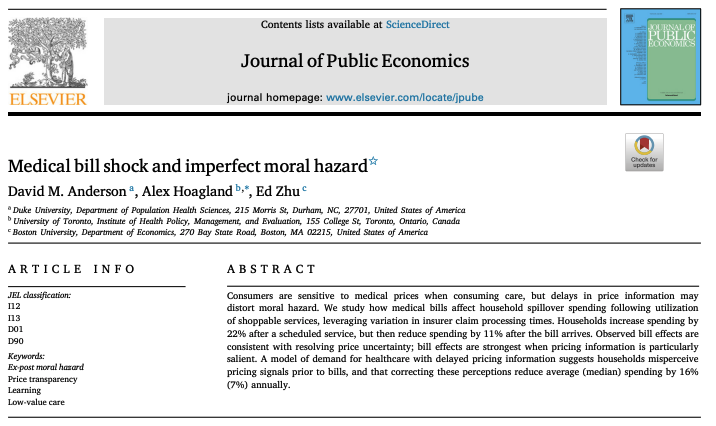 Journal of Public Economics (@jpubecon) on Twitter photo Just published in <a href="/JPubEcon/">Journal of Public Economics</a>:
"Medical bill shock and imperfect moral hazard"
By <a href="/bjdickmayhew/">David Anderson PhD</a>, <a href="/Hoagland_Alex/">Alex Hoagland</a>, & Ed Zhu.
sciencedirect.com/science/articl⦠Just published in <a href="/JPubEcon/">Journal of Public Economics</a>:
"Medical bill shock and imperfect moral hazard"
By <a href="/bjdickmayhew/">David Anderson PhD</a>, <a href="/Hoagland_Alex/">Alex Hoagland</a>, & Ed Zhu.
sciencedirect.com/science/articlā¦