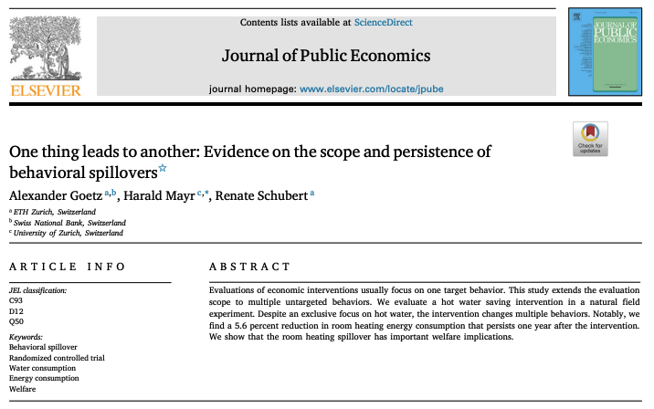 Just published in <a href="/JPubEcon/">Journal of Public Economics</a>:

"One thing leads to another: Evidence on the scope and persistence of behavioral spillovers"

By <a href="/goetz_a/">Alexander Goetz</a>, <a href="/ha_mayr/">Harald Mayr</a>, and Renate Schubert 

sciencedirect.com/science/articl…