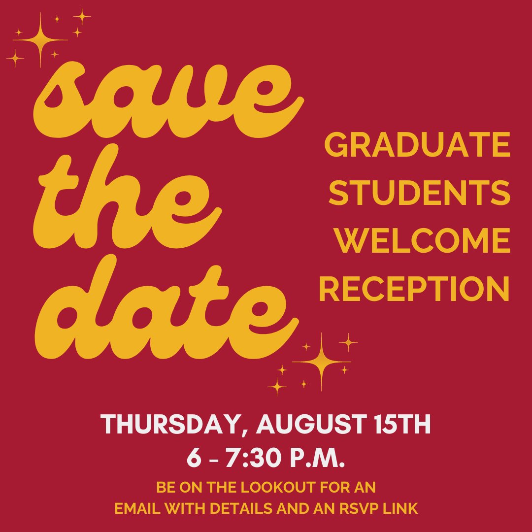 Attention new incoming graduate students! 
Save the date for our Graduate Students Welcome Reception on Thursday, August 15th, from 6 to 7:30 p.m.

Keep an eye on your email for more details and an RSVP link. #winthropgradstudies