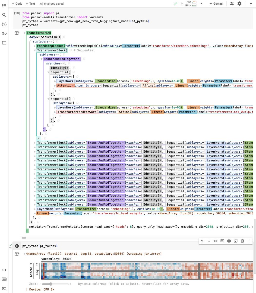 _ddjohnson's tweet image. By popular demand, the Treescope pretty-printer from the Penzai neural net library can now be installed separately, and supports both JAX and PyTorch!

And that&apos;s not all: Penzai itself now has less boilerplate and includes more pretrained Transformer models!