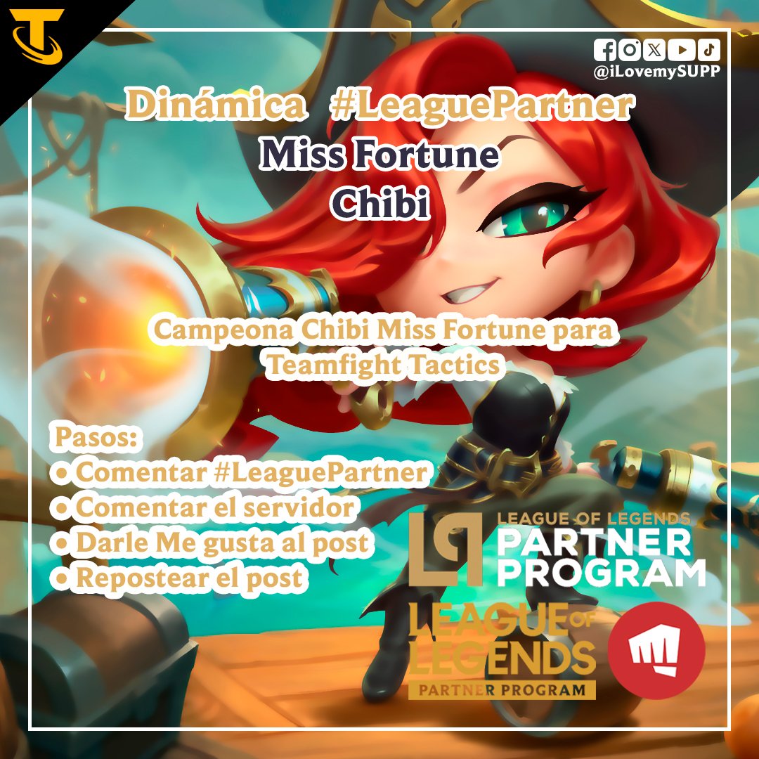 ilovemysupp's tweet image. Soy parte del Programa de Socios de LoL de Riot Games y ellos me dieron algunos códigos para ustedes.

Miss Fortune Chibi:
• Serán 3 códigos

Los resultados los daré a conocer el domingo 11 de agosto de 2024.

¡Mucha suerte a todos!

#TeamfightTactics #TFTPartner #LeaguePartner
