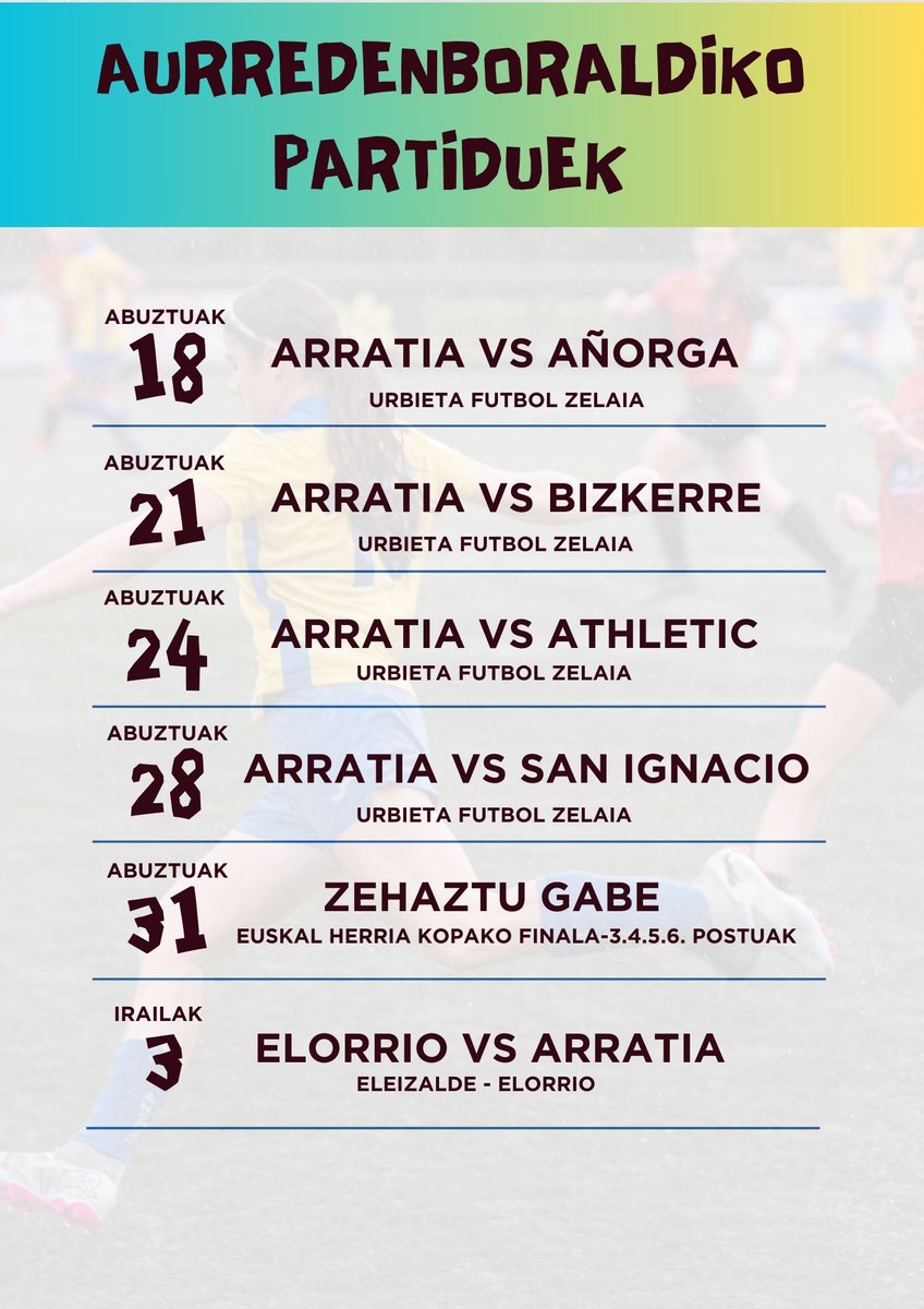 Emakumezkoen lehen taldea martxan dekogu 💪

5. urtez jarraian, Irailak 7-8ko asteburuen hasiko dan 
3. RFEF mailan lehiatuko dabe gure neskek 👏👏

Ligako egutegia oraindik argitaratu ez arren, honik izingo dire aurredenboraldian jokatuko dabezan partiduek 👇

Egurre ‼️