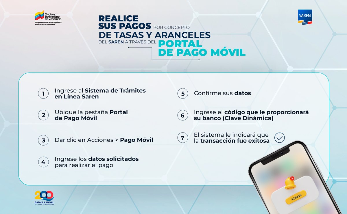 Realice sus pagos por concepto de tasas y aranceles del <a href="/SarenVzla/">Registros y Notarías</a> a través del Portal de Pago Móvil

Más detalles aquí: acortar.link/2F5glv

#8Ago