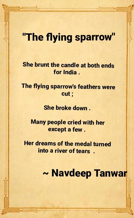 NavdeepTanwar4's tweet photo. Dedicated to @Phogat_Vinesh 
#theflyingsparrow 
#poem 
#Literature 
#englishpoem 
#navdeeptanwar 
#worldofliterature 
#sahityaacadami 
#postmodernliterature https://t.co/vJ2uECMLVj