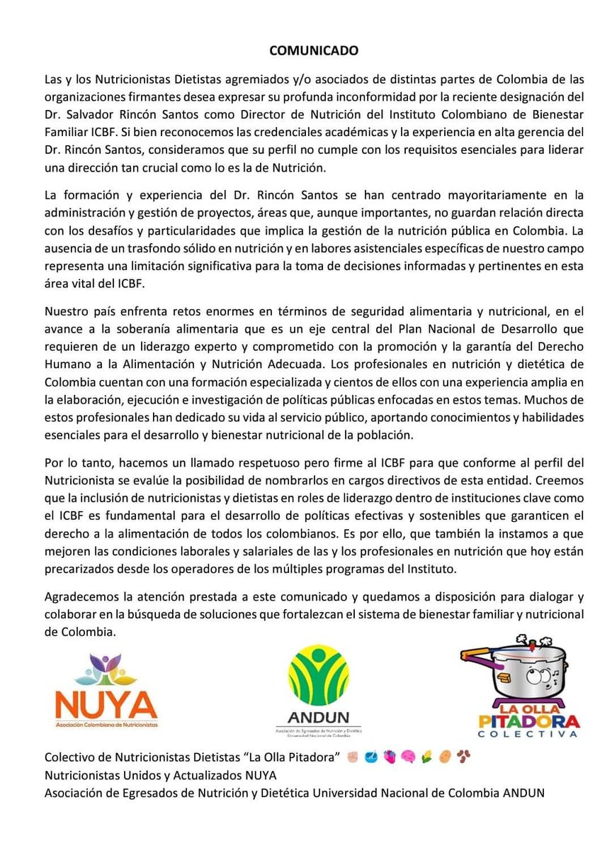 ElNutriDice's tweet photo. Nutricionistas dietistas asociados de distintas partes de 🇨🇴 RECHAZAN la designación de Salvador Rincón Santos como director de Nutrición del @ICBFColombia.

¡Retos en temas de nutrición infantil de familias vulnerables NO pueden ser asumidos por gente sin experiencia en el tema! https://t.co/CIKYDAX9HZ