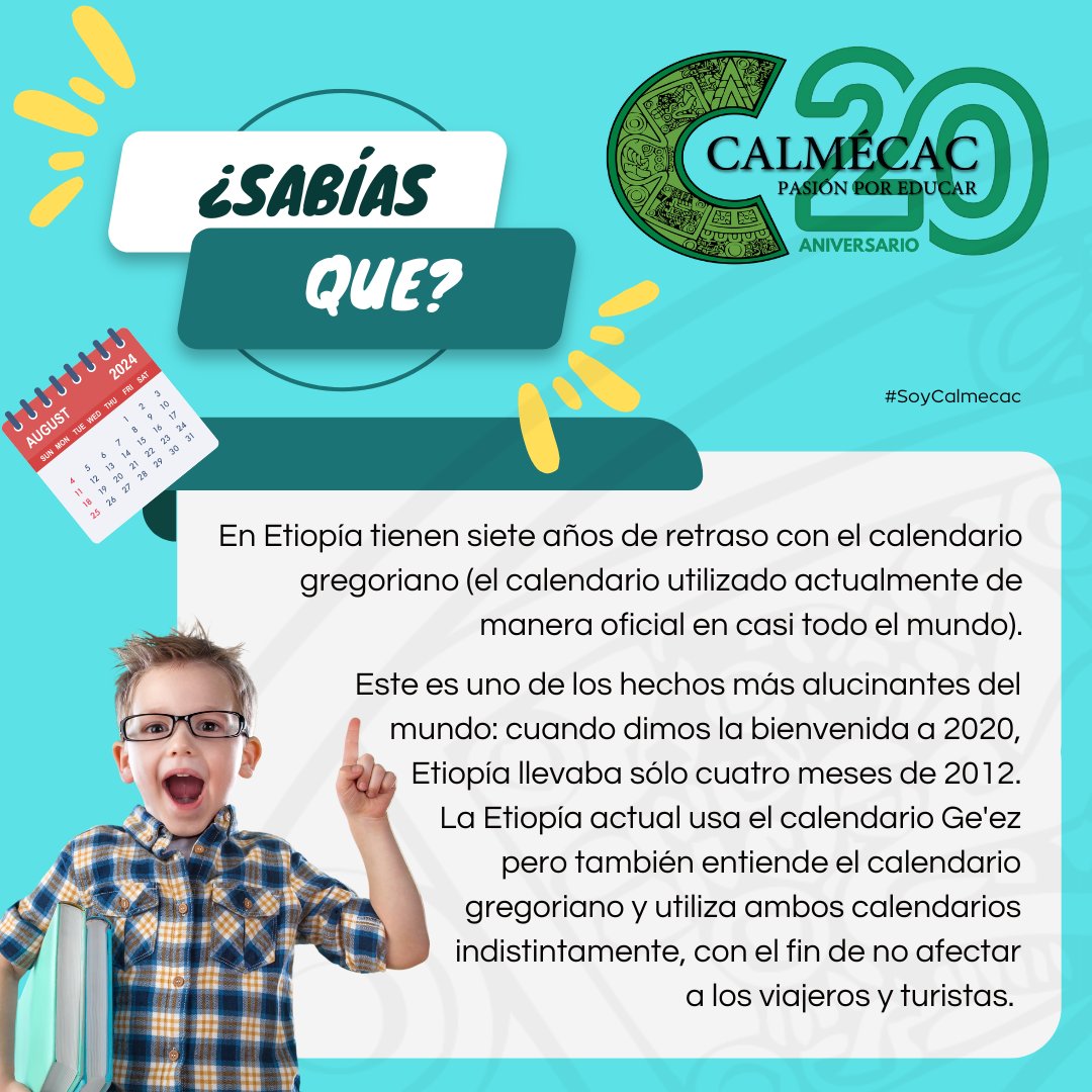 SoyCalmecac's tweet photo. ¡A que no sabías que en Etiopía viven en el 2017! 
😉No es cierto, solamente manejan el calendario etíope que según sus eventos históricos, religiosos y culturales esta 7 años atrás. 
#SabiasQue #Calmecac #SoyCalmecac #SomosBuhos #Buhos https://t.co/Z6Vb6WFrnb