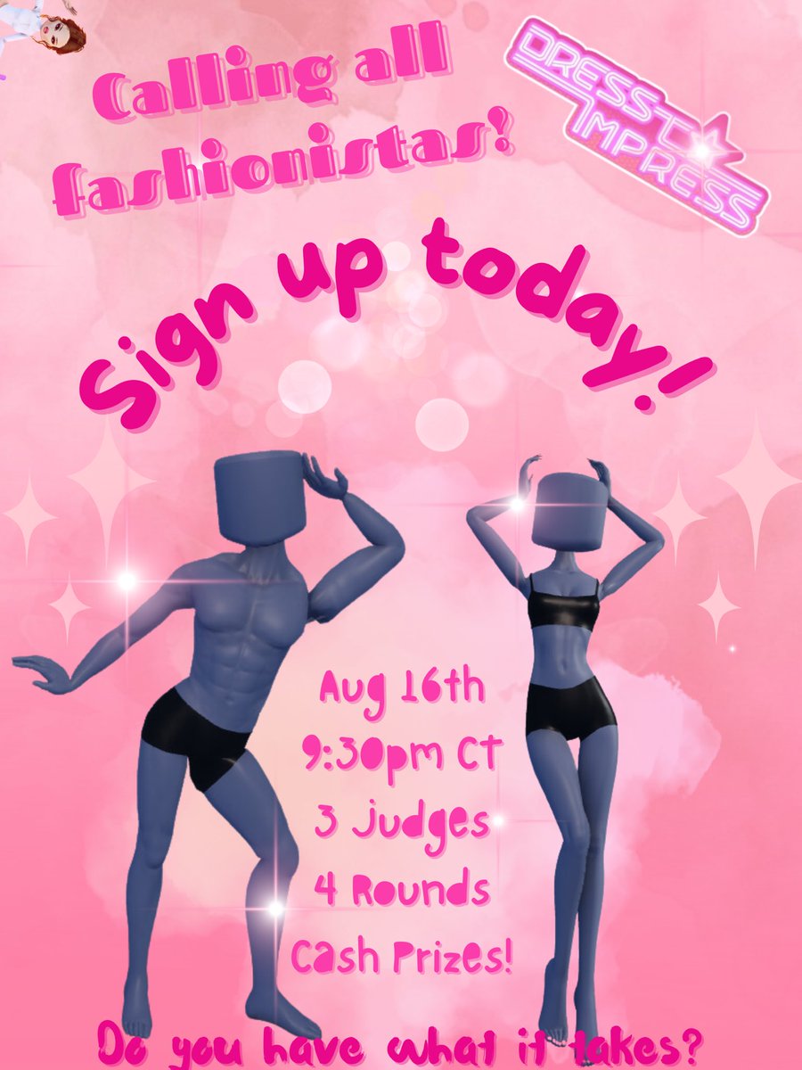 Rsephone's tweet photo. I am hosting a fashion show competition in Dress to Impress! 4 rounds, but each round there is a twist! Plus! Cash prizes! Link down below! 💃 https://t.co/lXoRAEp1dK