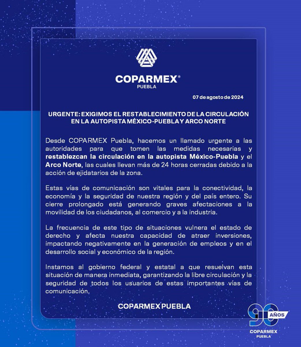 ⚠️
URGIMOS A LA AUTORIDAD PARA QUE RESTABLEZCA LA CIRCULACIÓN EN LA AUTOPISTA MÉXICO-PUEBLA y ARCO NORTE.
<a href="/Gob_Puebla/">Gobierno de Puebla</a> <a href="/SergioSalomonC/">Sergio Salomón</a> <a href="/Javier_AquinoL/">Javier Aquino Limón</a> <a href="/GobiernoMX/">Gobierno de México</a> 
<a href="/Coparmex/">Coparmex Nacional</a> <a href="/CoparmexPdtePue/">Beatriz Camacho Ruíz</a> <a href="/CCEPuebla/">CCE Puebla</a>