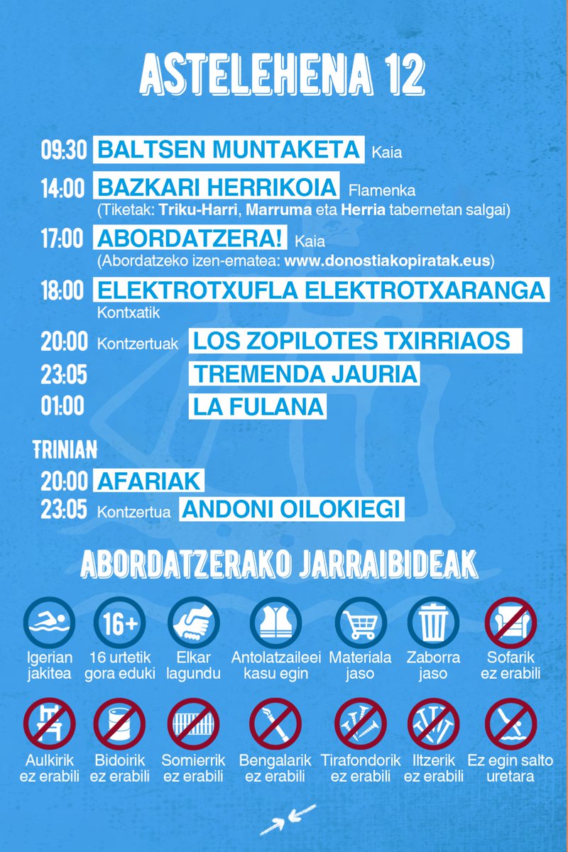 DONO$TIA ABORDATZERA!! 🏴‍☠️
Jalgi belak mastara, eta euskara plazara! GORA JAI HERRIKOIAK! #FestaIpar #ANPirata