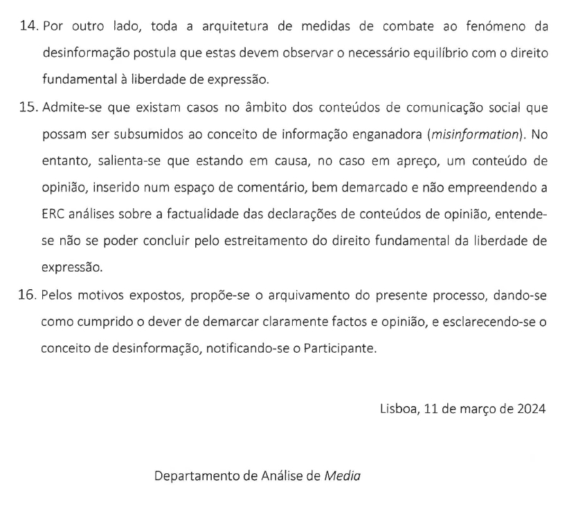Pode um comentador televisivo apresentar embustes num noticiário sem qq consequência? Pode, diz a <a href="/ERC_PT/">ERC</a>, pq são ‘conteúdos de opinião’ e não lhe compete avaliar a factualidade do q é exibido em espaços de comentário, mm q sejam fotos manipuladas ou vídeos falsos ou enganadores.