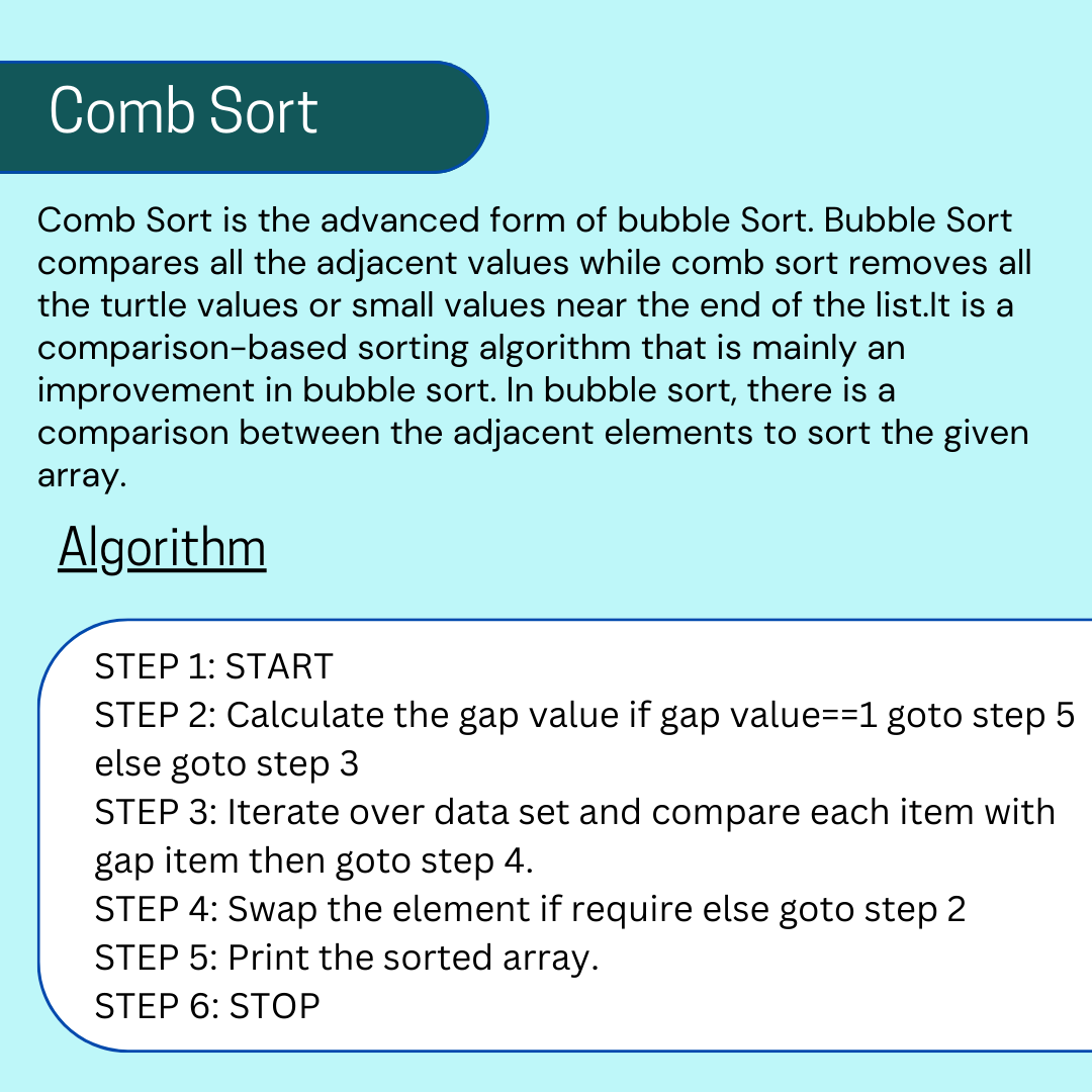 Bhavana83491661's tweet photo. Comb Sort
.
.
.
Explore this essential Data structure and Algorithm! It covers key topics and resources for every tech enthusiast from algorithms to Data Structure.
https://t.co/2ZggGtxJOf
.
.
.
#bubblesort #combsort #bucketsort #datastructure #algorithm https://t.co/6I06iS4Io8