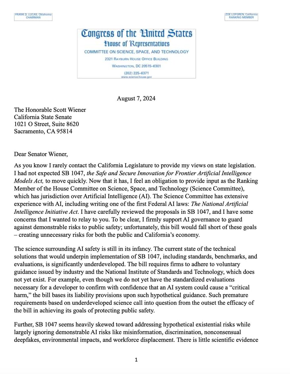 martin_casado's tweet photo. Zoe Lofgren's (ranking member Science, Space and Tech) letter to @Scott_Wiener voicing deep concerns on SB 1047.

"I’m very concerned about the effect this legislation could have on the innovation economy of California without any clear benefit for the public."

Please amplify. https://t.co/0rcOphLBvh