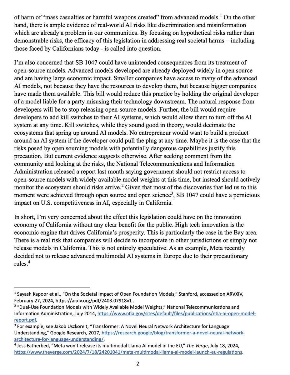 martin_casado's tweet photo. Zoe Lofgren's (ranking member Science, Space and Tech) letter to @Scott_Wiener voicing deep concerns on SB 1047.

"I’m very concerned about the effect this legislation could have on the innovation economy of California without any clear benefit for the public."

Please amplify. https://t.co/0rcOphLBvh