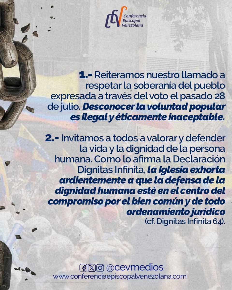 diocesisdemcy's tweet photo. TERCER COMUNICADO
 PRESIDENCIA DE LA CONFERENCIA EPISCOPAL VENEZOLANA SOBRE LAS ELECCIONES

Caracas, 7 de agosto de 2024. https://t.co/FEozqaLBxd
