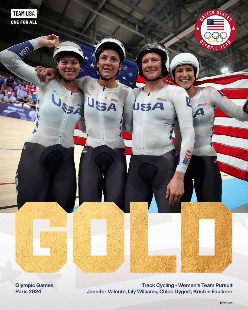 TeamUSA's tweet image. GOOD AS GOLD‼️

The women of @usacycling are Olympic champions in team pursuit!

#ParisOlympics