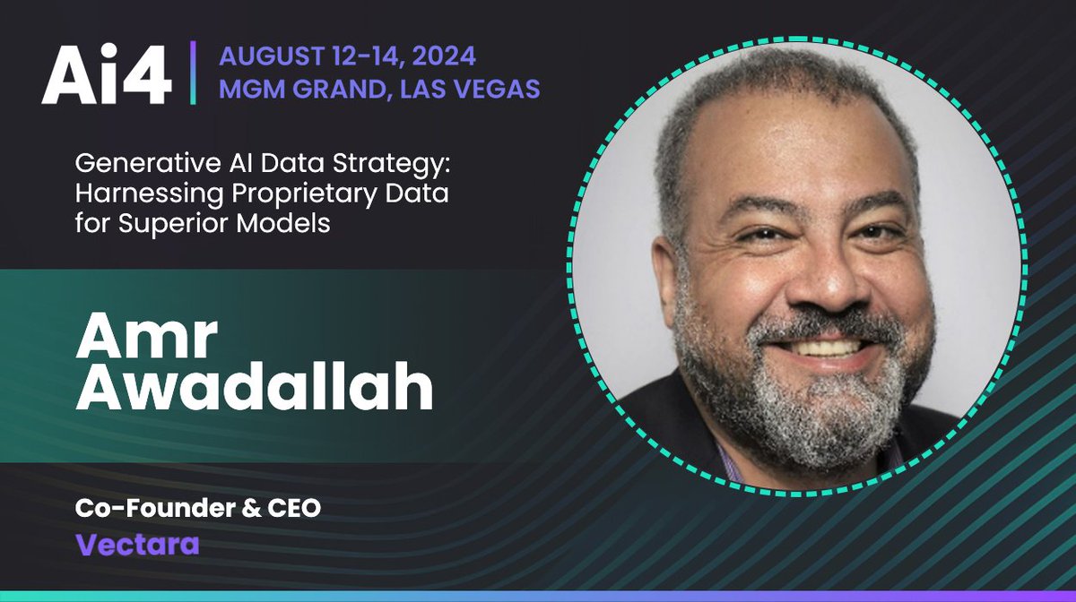 Join Us at <a href="/Ai4Conferences/">Ai4 - Artificial Intelligence Conferences</a>! Don't miss <a href="/awadallah/">Amr Awadallah 🤖</a>'s panel on Generative AI Data Strategy: Harnessing Proprietary Data for Superior Models! 

🗓 8/13 3:05 PM 📍 Room: 123-124 (Level 1)  See you there! 

ai4.io/vegas