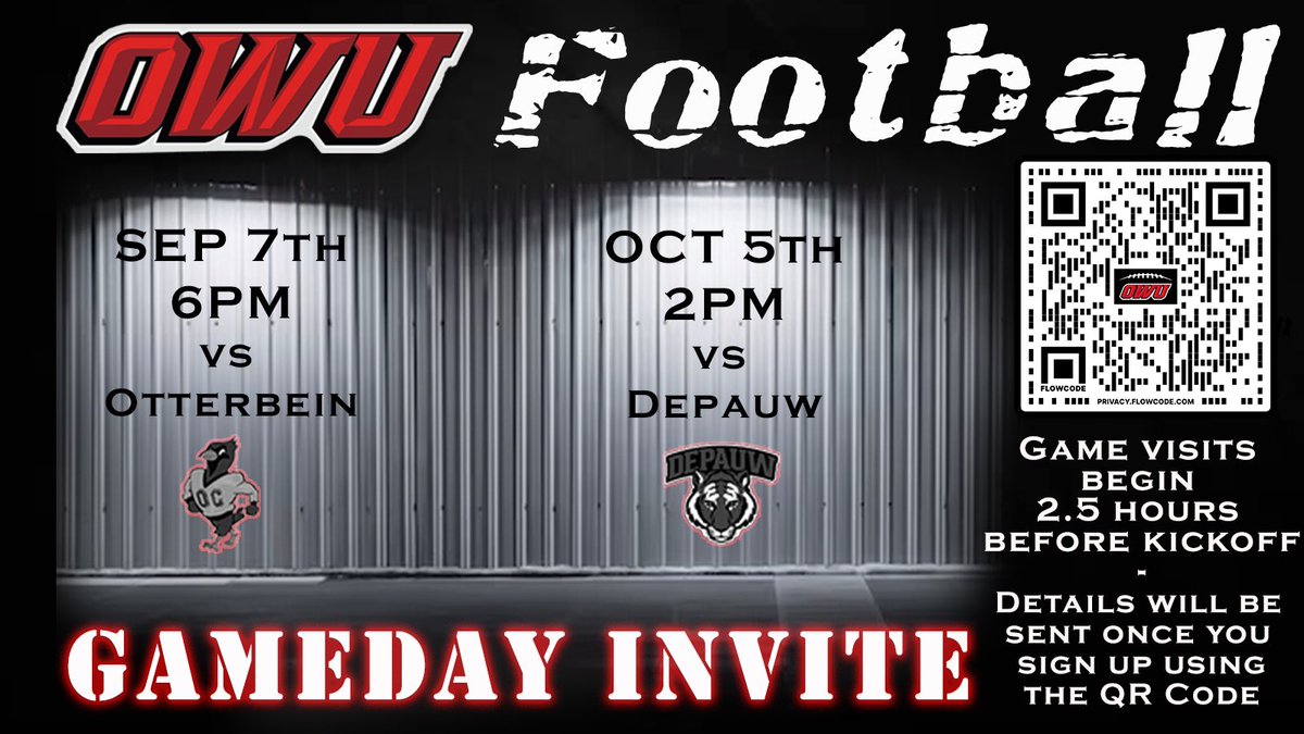 Ohio Wesleyan Football (@owubishopfb) on Twitter photo We hope to see the best in the 2025 recruiting class at Selby Stadium this fall. Sign up using the QR code. Email Coach Ward (mgward@owu.edu) if you have questions. See you this fall! We hope to see the best in the 2025 recruiting class at Selby Stadium this fall. Sign up using the QR code. Email Coach Ward (mgward@owu.edu) if you have questions. See you this fall!
