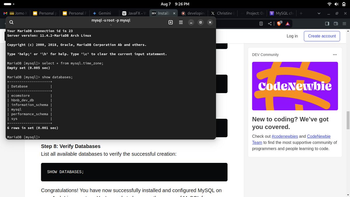 christine_12_me's tweet photo. Day 89 - 90:
Aside from asynchronous programming, been working on 0x00. MySQL advanced project, where we r expected to learn how to create tables with constraints,  optimize queries ..etc etc..
#100DaysofALX_SE #DoHardThings https://t.co/PZ0usrqGkm