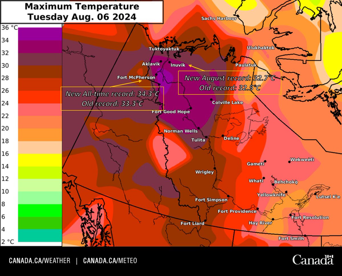 Yesterday was a record breaker for #heat in the Mackenzie Delta, Arctic Coast and parts of the Sahtu. Fort McPherson saw its hottest day on record, with temperatures spiking to 34.3°C. The heat is sticking around into the weekend #NTStorm 

Bulletin: ow.ly/oIVa50STgnJ