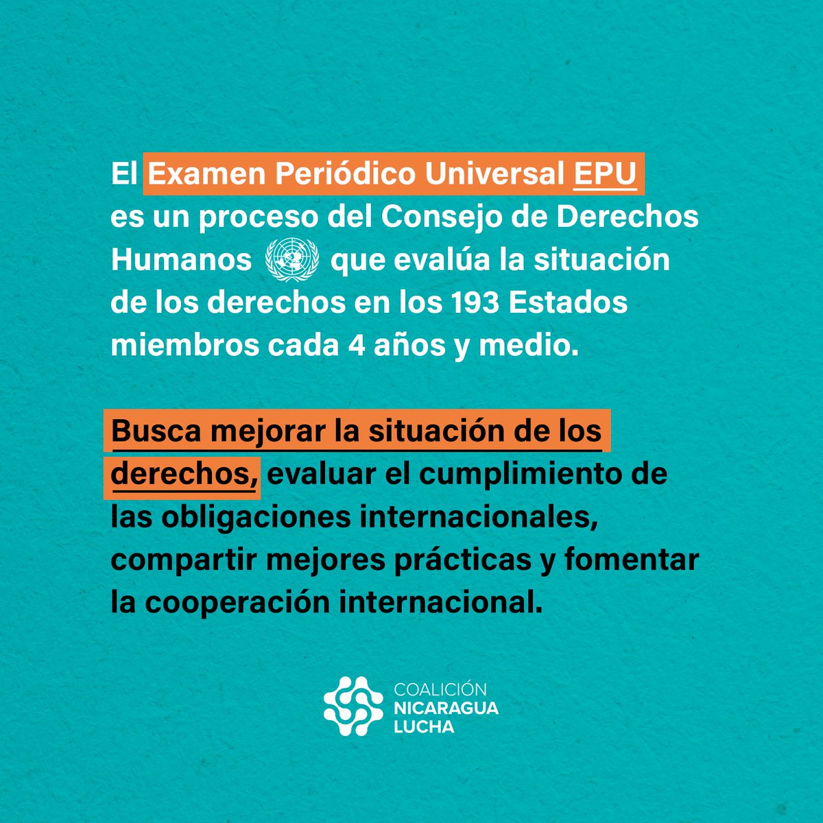[#NicaraguaLucha rumbo al #EPUNicaragua24]

¿Sabías que en noviembre el Estado de #Nicaragua se presentará en el 4to. ciclo del Examen Periódico Universal #EPU🇺🇳?

Las organizaciones están listas para reportar la grave situación de los #DerechosHumanos en el país.

¡Acompáñanos!