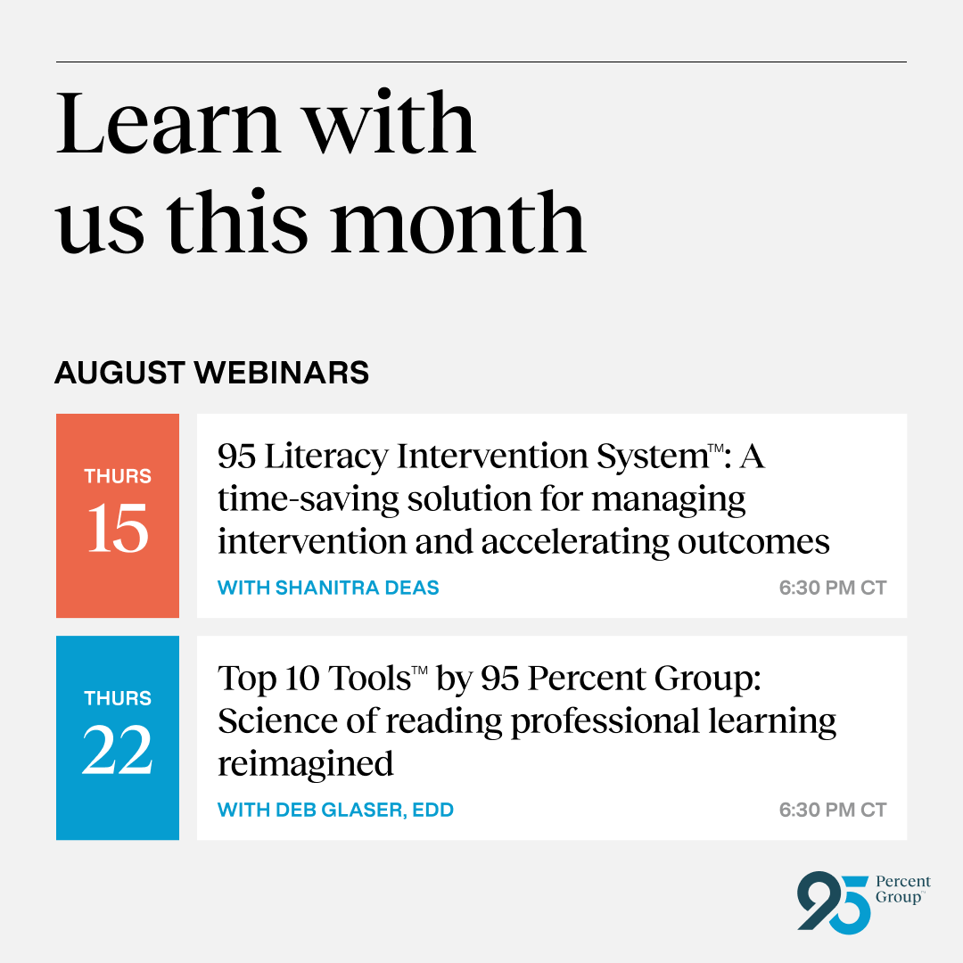 95percentgroup's tweet image. Join us in August for our upcoming literacy webinars! Designed for teachers and educators, these sessions will help you prepare for a successful school year. Let's learn and grow together! Register: 95pg.info/3LOKT9O

#LiteracyWebinars #FallPrep #ProfessionalLearning
