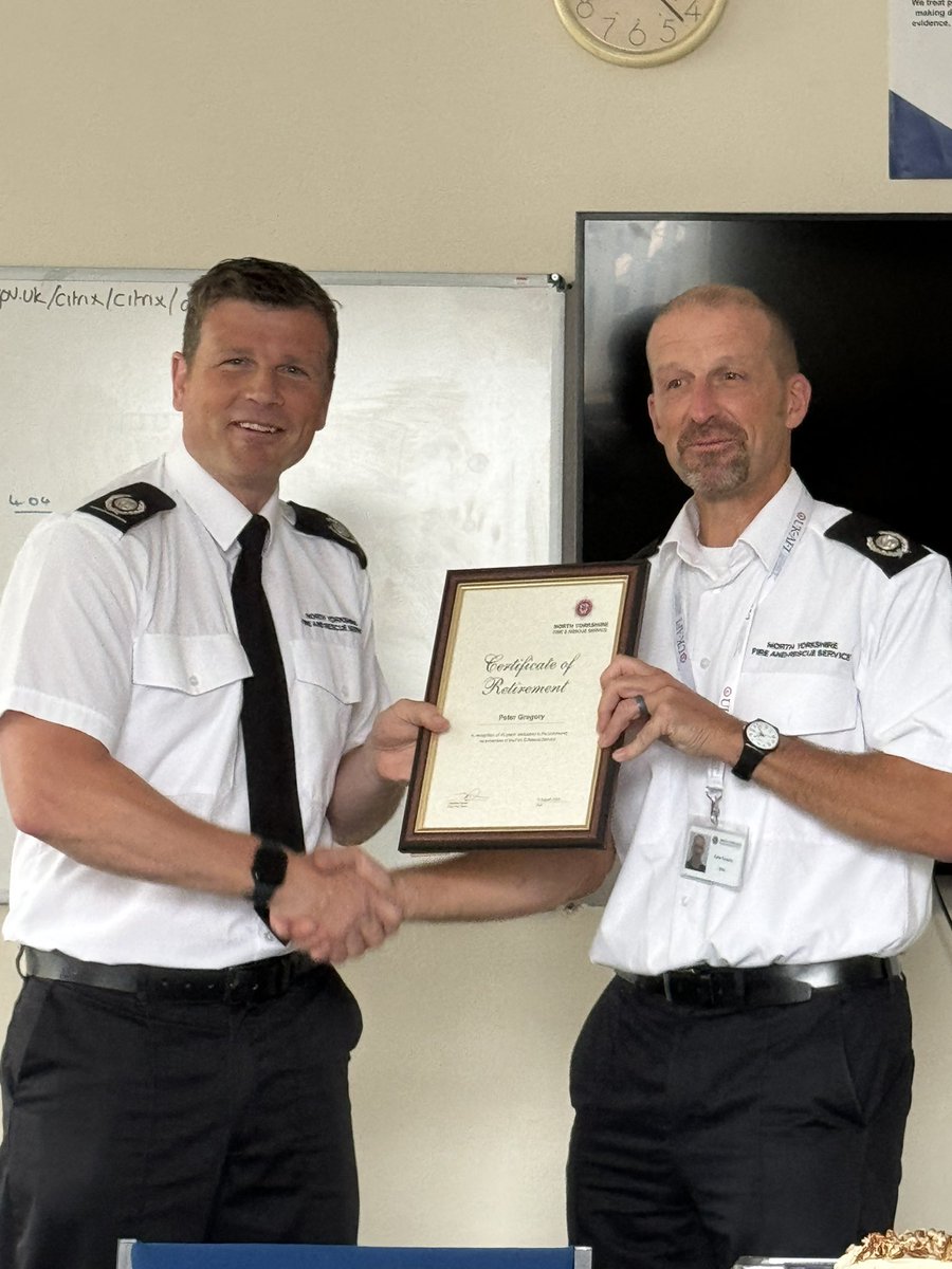 CyclingGM's tweet photo. Today GM Pete Gregory said his goodbyes to @NorthYorksFire after over 30 years service.
Some very moving words from DCFO Mat Walker &amp; AM Tom Hirst.
Pete will leave a huge hole in the Protection department.
We wish him all the best and I look forward to joining you in 26 days. https://t.co/zaWq9lmJqf