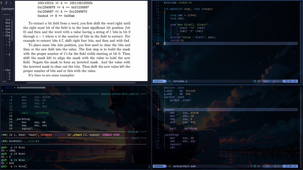 mu_chrinovic's tweet image. Day 0b11001 of #LowLevelProgramming
Still on Shift & Bit operations and Implementing them in a complementary manner
>Read on bit fields and masking
>Extracting a bit field from a word
>Wrote my first inline Assembly in C!! Need to read on it properly though!!🤯
Read on RTOS