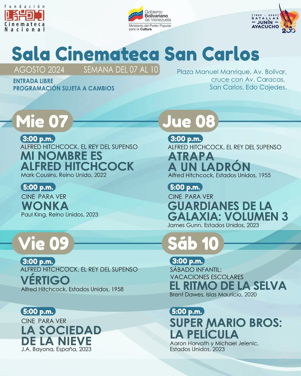 ¡Disfruta en las salas de la Cinemateca Nacional de una nueva semana de buenas películas!

Vive la mejor experiencia cinematográfica con el ciclo especial de Alfred Hitchcock 🎞️

Somos la casa del cine y de sus cineastas 🎥 
#JusticiaSoberana