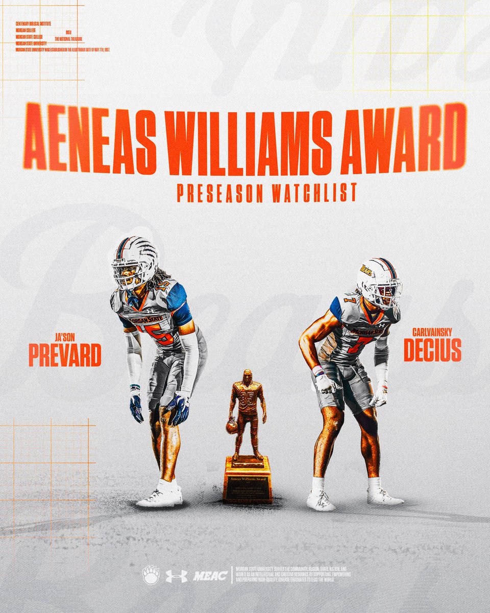 Morgan State Bears (@morganstbears) on Twitter photo 🐻🏈Decius and Prevard named to Aeneas Williams Preseason Watch List📋
▸ shorturl.at/yiaVN
@Meacsports | <a href="/UnderArmour/">Under Armour</a>
<a href="/MSUBearsFB/">Morgan State Football</a> #BEARS
#GoBears🔷🔶 🐻🏈Decius and Prevard named to Aeneas Williams Preseason Watch List📋
▸ shorturl.at/yiaVN
@Meacsports | <a href="/UnderArmour/">Under Armour</a>
<a href="/MSUBearsFB/">Morgan State Football</a> #BEARS
#GoBears🔷🔶