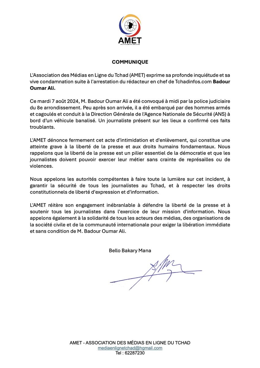 tchadinfos's tweet photo. 🔴 #COMMUNIQUE L'Association des Médias en Ligne du #Tchad 🇹🇩 (AMET) exprime sa profonde inquiétude et sa vive condamnation suite à l'arrestation du rédacteur en chef de @tchadinfos @BadourOumar Ali et exige sa libération immédiate. https://t.co/dNWMSP6lk5