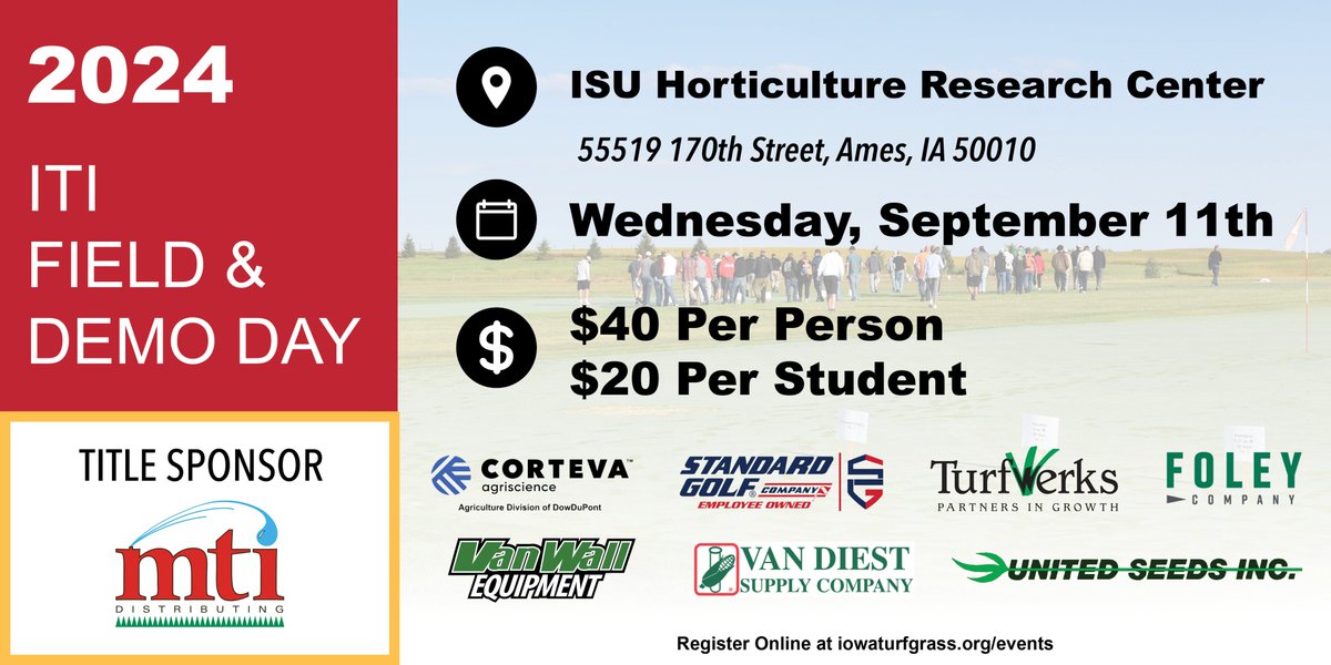 Registration for the ITI Field &amp; Demo Day is now open! Join us Wednesday, September 11th for this exciting event, we have a lot of great educational sessions and vendor demos planned so don't miss out! Sign up today at iowaturfgrass.org/events. 
<a href="/GcsaIowa/">IowaGCSA</a> <a href="/iowa_stma/">Iowa SFMA</a> <a href="/iowalawncare/">IPLCA</a>