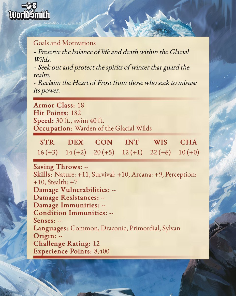 WorldSmithio's tweet photo. What should we make next? Comment to see YOUR idea come to life!

We generated this frostborn lizardfolk in seconds using WorldSmith! Check out this ai tool designed by dungeon masters, for dungeon masters 🐉 Link in bio! #worldsmith #dungeonsanddragons #dnd #dnd5e #ai #dnd5e https://t.co/pB9j4MKn9z