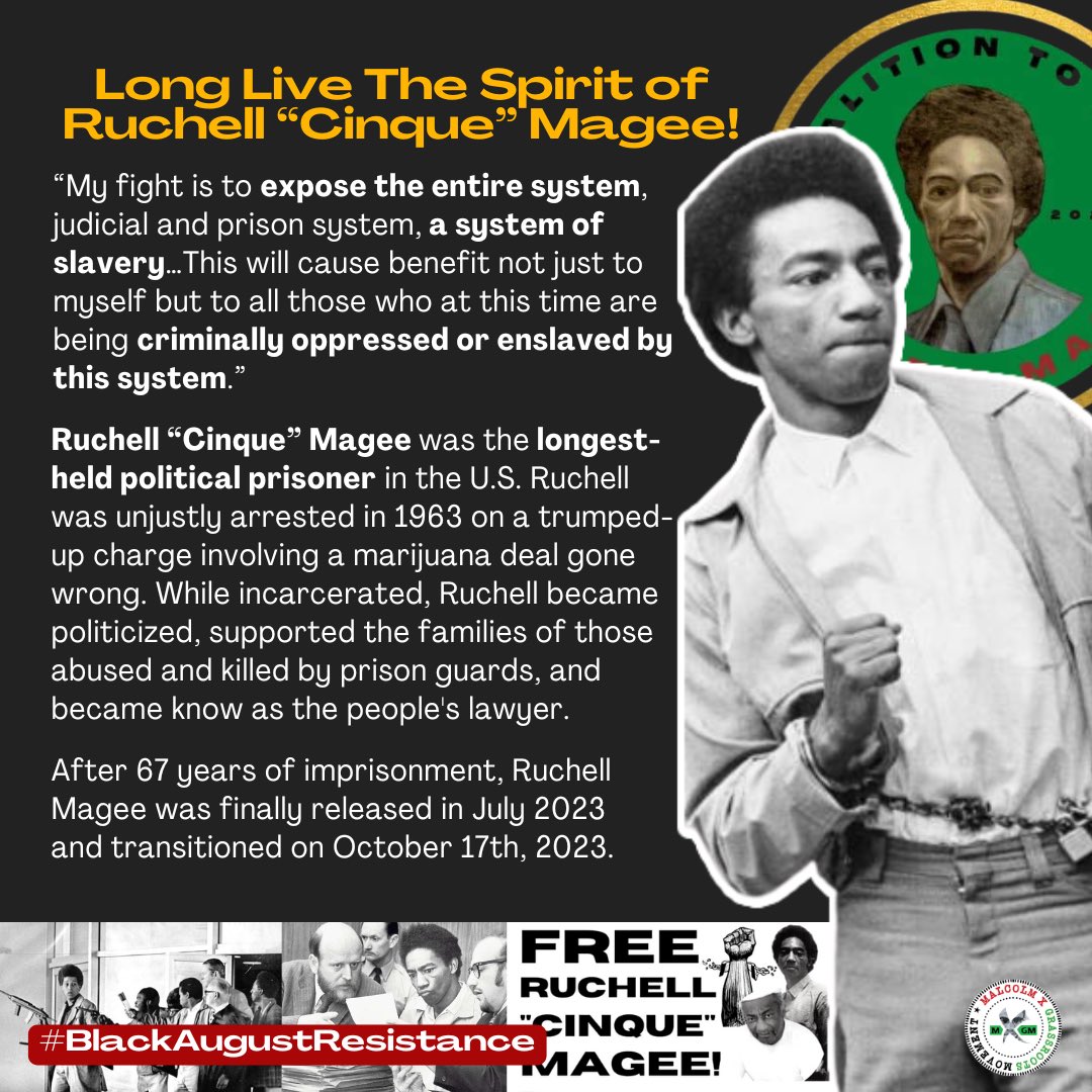 MXGMNational's tweet photo. 2/#RuchellMagee, the sole survivor, was sentenced to life & imprisoned for 67 yrs until his much fought for release in 2023 – making him the longest-held U.S. political prisoner. He transitioned on October 17th, 2023. Long live the spirit of Jonathan Jackson & Ruchell Magee! https://t.co/ianNUwcLaH