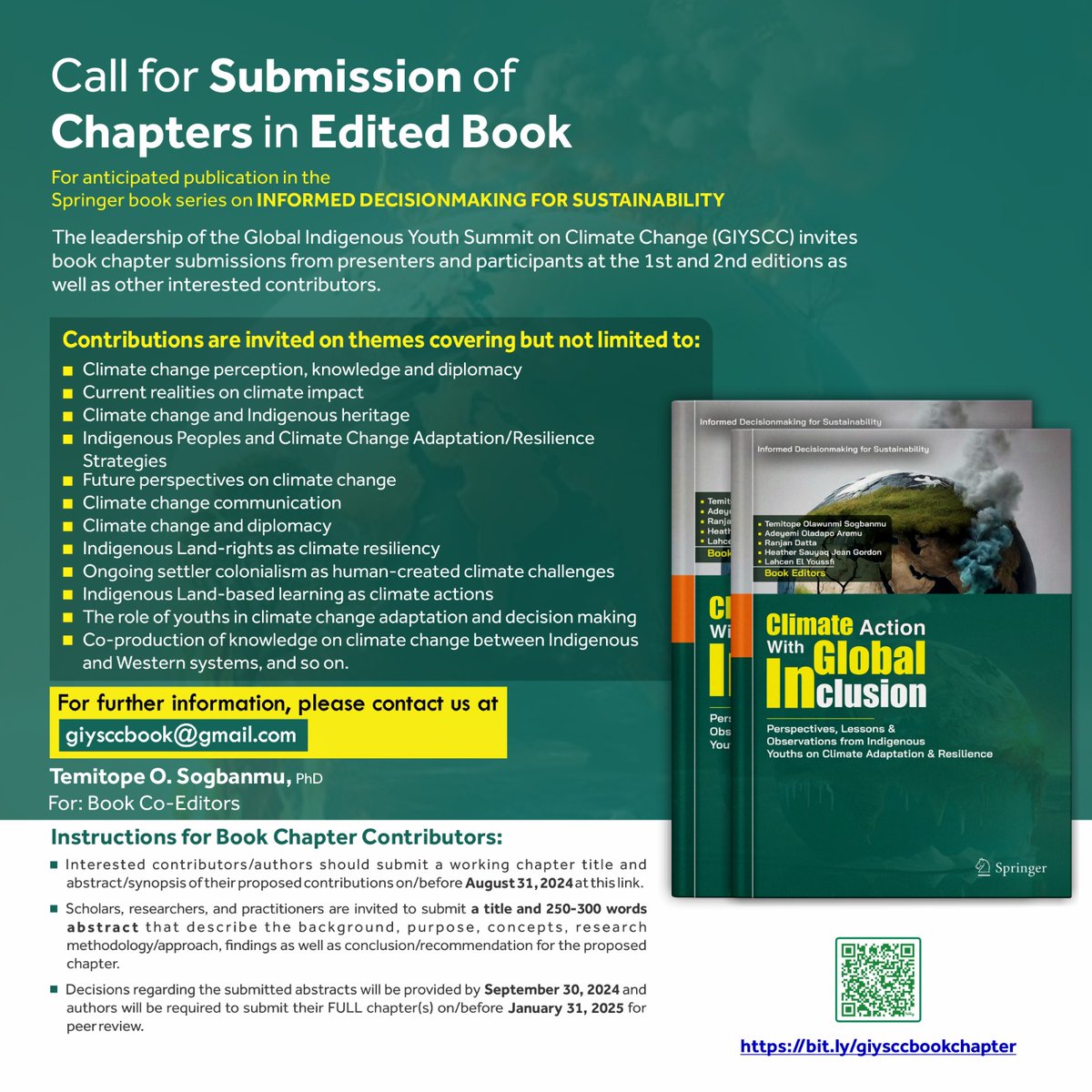 SogbanmuTo's tweet photo. We invite #book chapter submissions (https://t.co/CjnFr6xkcs) to the #GIYSCC book anticipated to be published in the book series: Informed Decisionmaking for Sustainability (https://t.co/ytlSv2F3Zy). 
See you at the #GIYSCC 2024 (https://t.co/1IkFxr6k4K) come 9th August! https://t.co/dnujEzEpI9