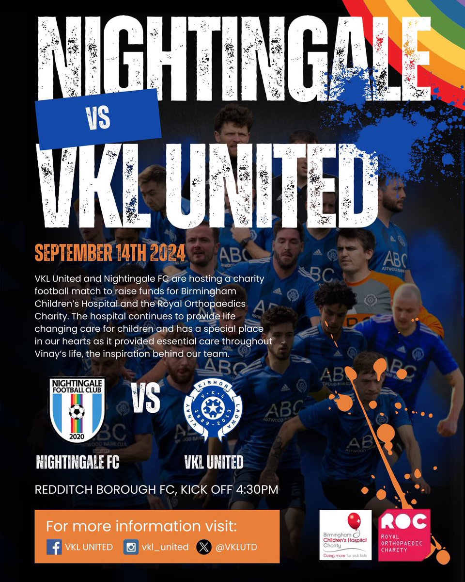 <a href="/VKLUTD/">VKL</a> are playing in a charity game for Birmingham Children’s Hospital &amp; the Royal Orthapesics Charity on 14th September at Redditch Borough FC 4.30pm kick off