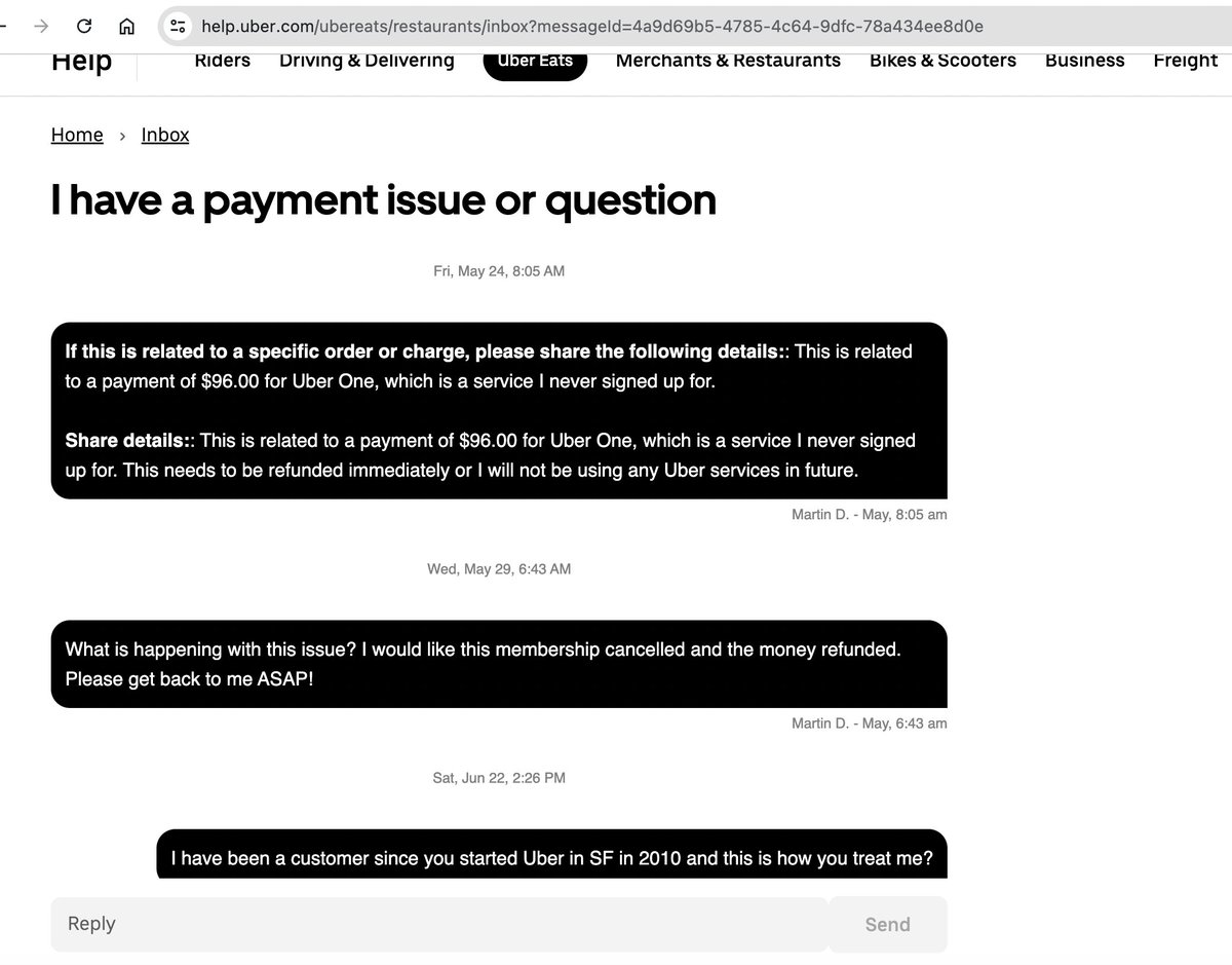 After 14 years as a customer of <a href="/Uber/">Uber</a>, this is the level of customer support they provide. Not one response to multiple messages via their so-called support system in <a href="/UberEats/">Uber Eats</a>. Not surprisingly, I haven't used any of their services since. #ubereats #uber #CustomerServiceFail