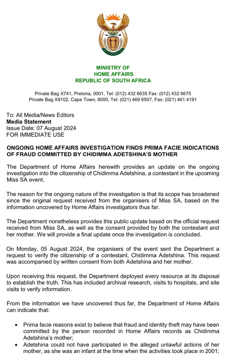 HomeAffairsSA's tweet image. [MEDIA STATEMENT] Ongoing Home Affairs investigation finds Prima Facie indications of fraud committed by Chidimma Adetshina’s mother. #TeamHomeAffairs #DHAServiceDelivery @GCISMedia