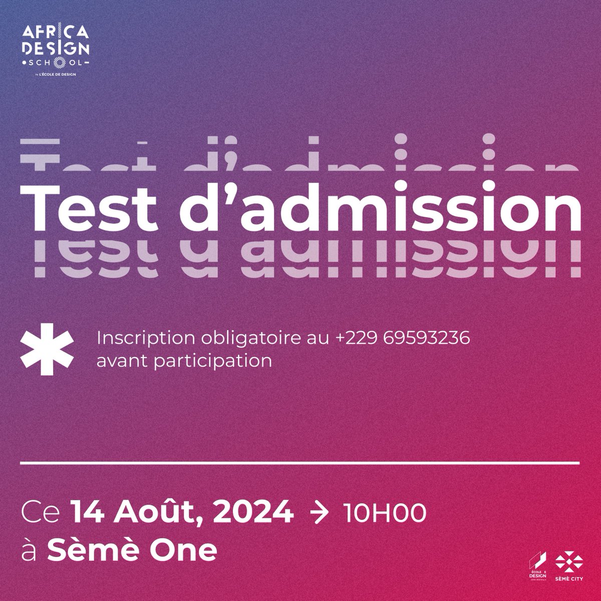 AfricaDesignSch's tweet image. 📌 Prochain Test d'Admission pour la Rentrée 2024-2025 

🗓️ Date : 14 Août 2024
📍 Lieu : Sèmè One en face de l'école Montaigne

📌 Inscription : bit.ly/3Tk8vI3

Plus que quelques places, alors inscrivez-vous dès maintenant !

#AfricaDesignSchool #TestAdmission