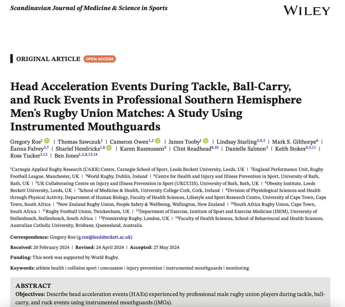 Sharief Hendricks 🇿🇦 (@sharief_h) on Twitter photo New Paper: Head Acceleration Events During Tackle, Ball-Carry, and Ruck Events in Professional Southern Hemisphere Men's Rugby Union Matches: A Study Using Instrumented Mouthguards in SJMSS onlinelibrary.wiley.com/doi/full/10.11… by <a href="/GregoryRoe/">Gregory Roe</a> New Paper: Head Acceleration Events During Tackle, Ball-Carry, and Ruck Events in Professional Southern Hemisphere Men's Rugby Union Matches: A Study Using Instrumented Mouthguards in SJMSS onlinelibrary.wiley.com/doi/full/10.11… by <a href="/GregoryRoe/">Gregory Roe</a>