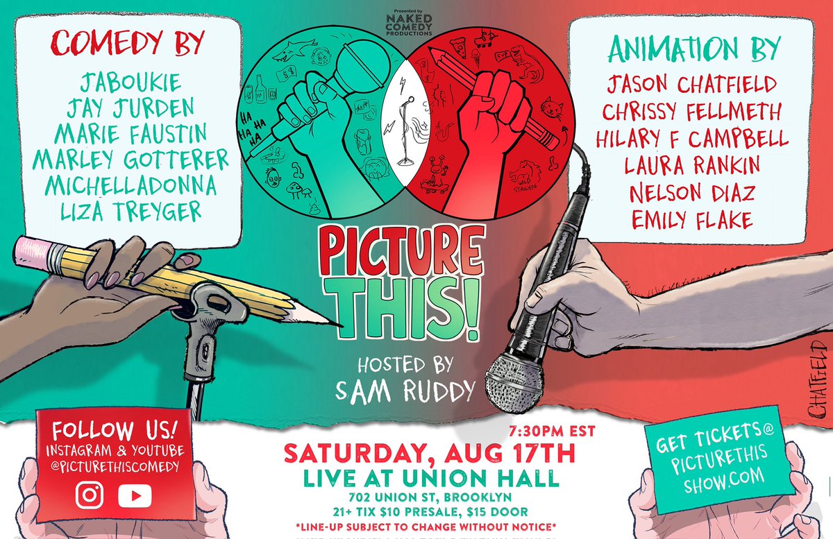 PictureThisShow's tweet image. #NY Live Animated Brat Comedy just got BRAT-ier with just added @MsReeezy &amp;amp; @JayJurden!! They join @jaboukie @michelladonna7 @MarleyGotterer @samlymatters @ChrissyFellmeth @larankin_ @Nelsfarts @EmilyFlake &amp;amp; more on SAT 8/17 @UnionHallNY at 7:30p! 

Tix: eventbrite.com/e/picture-this…